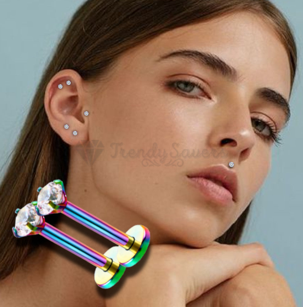 2MM Pair Round Cut CZ Rainbow Stud Bar Cartilage Helix Labret Piercing Jewelry