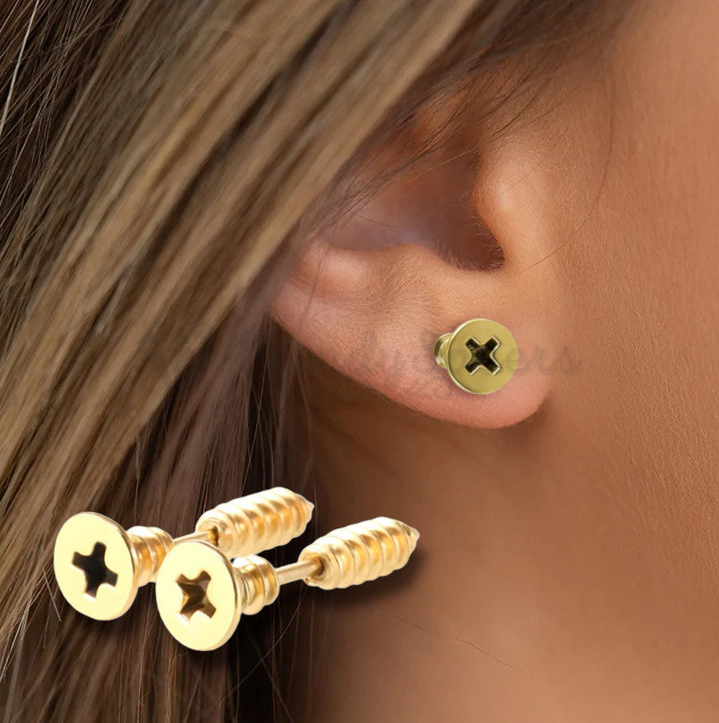 Unisex Screw Shape Ear Piercing Studs Stud Earrings Surgical Steel Gold Plated