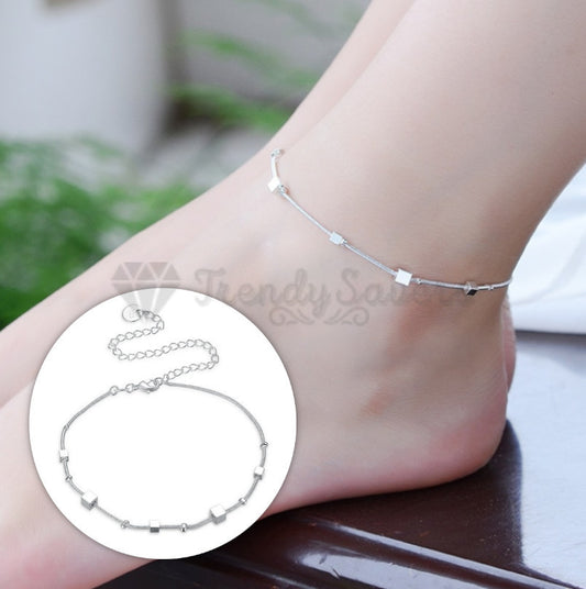 Adjustable Ankle Bracelet Sterling Silver Anklet Foot Chain Beads Round Cube