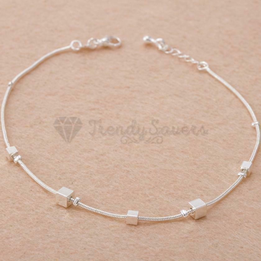 Adjustable Ankle Bracelet Sterling Silver Anklet Foot Chain Beads Round Cube