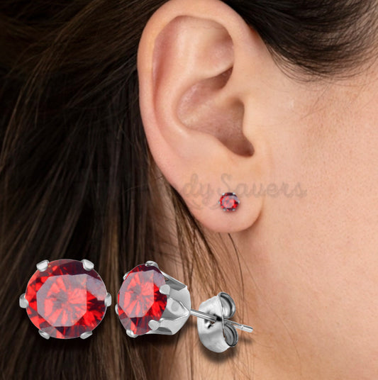 4MM Small Red Cubic Zirconia Round Cut Birthstone Stud Earrings Studs Piercing