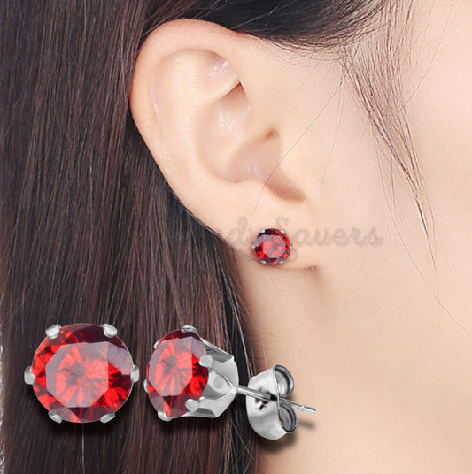 Womens Classic 6MM Red Round Crystal Birthstone Sleeper Stud Earrings Piercing
