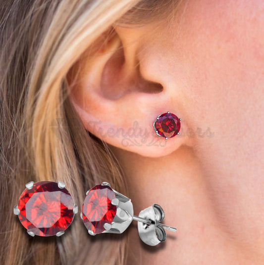 Surgical Stainless Steel Red Birthstone 7MM Stud Earrings Womens Girls Jewellery