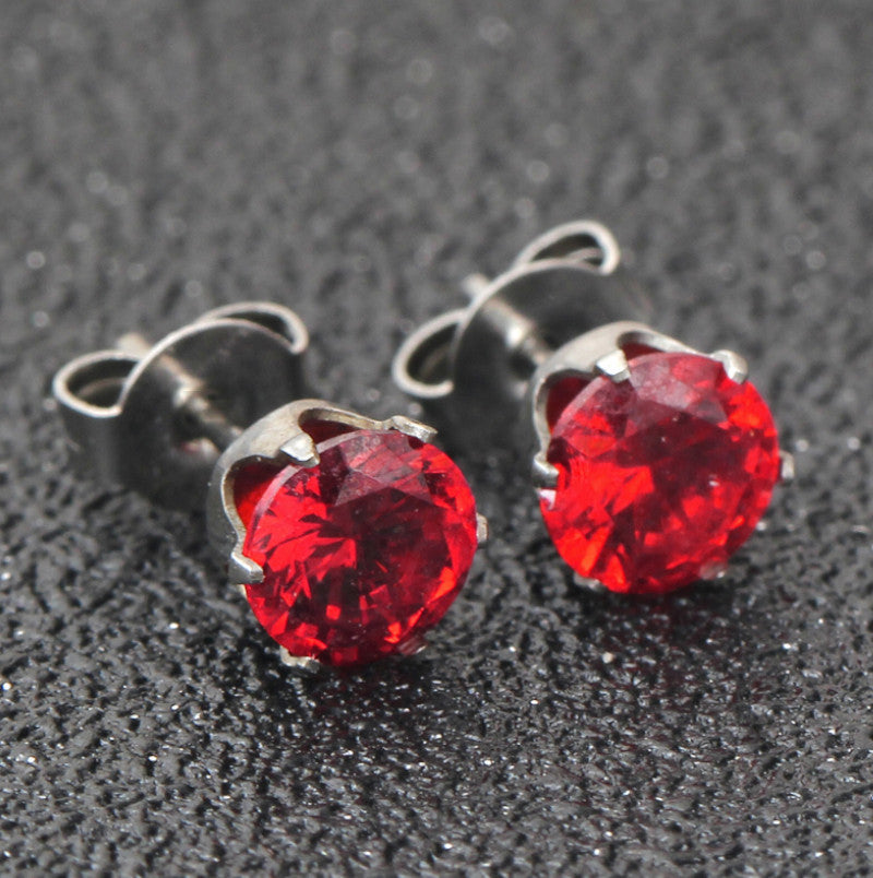 8MM Wide Ruby Red Crystal Gem Ear Studs Stud Piercing Stainless Steel Earrings