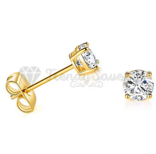 4MM Gold Plated Stud Earrings Hypoallergenic Round Cubic Zirconia Ear Piercings