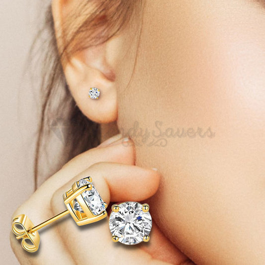 4MM Gold Plated Stud Earrings Hypoallergenic Round Cubic Zirconia Ear Piercings