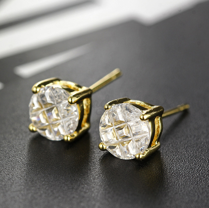 8MM Big Round Cubic Zirconia Butterfly Screw Stud Earrings Gold Plated Jewelry