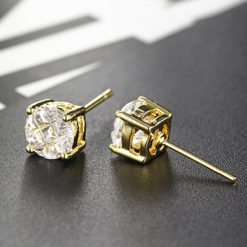 8MM Big Round Cubic Zirconia Butterfly Screw Stud Earrings Gold Plated Jewelry