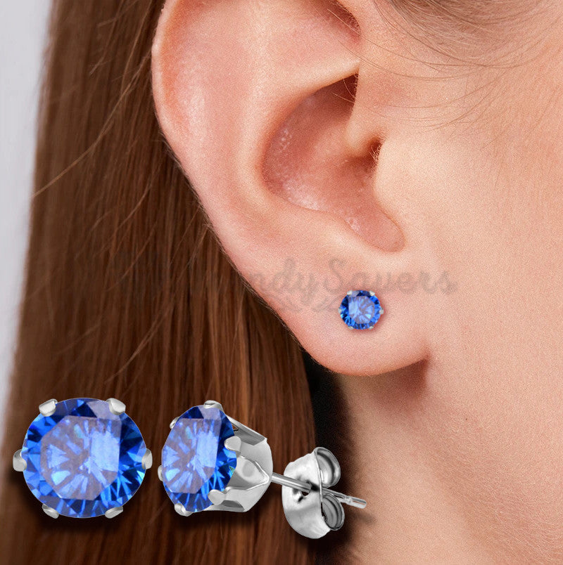 Classic Plain Blue Gem Earrings Ear Studs Stud Piercings Surgical Steel Pair 5MM