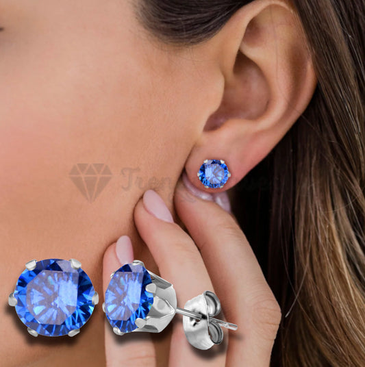 7MM Round Cut Cubic Zirconia Blue Sleeper Stud Earrings Piercing Fashion Jewelry