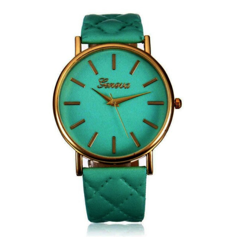 Women's Geneva Roman Watch Green Leather Strap Analog Quartz Wrist Watch