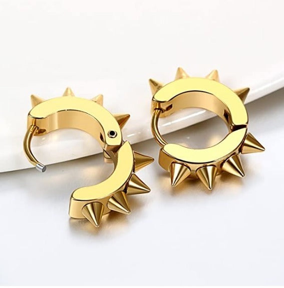 Stainless Steel Punk Gold Rivet Spike Huggie Cartilage Clicker Hoop Earrings