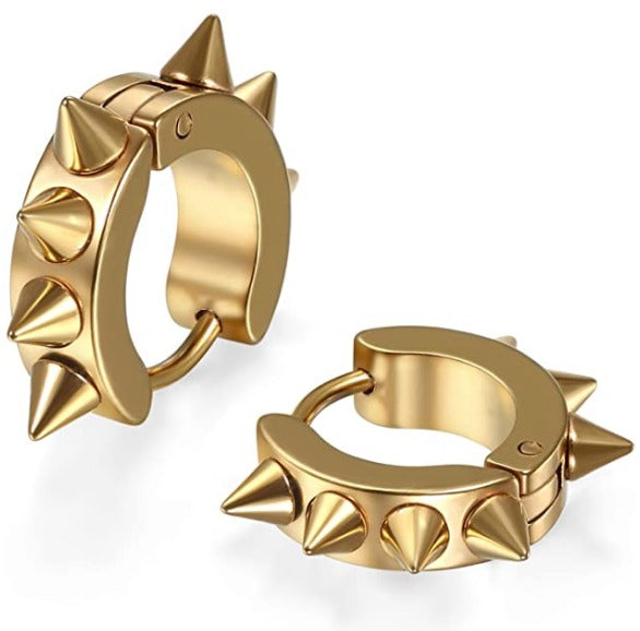 Stainless Steel Punk Gold Rivet Spike Huggie Cartilage Clicker Hoop Earrings