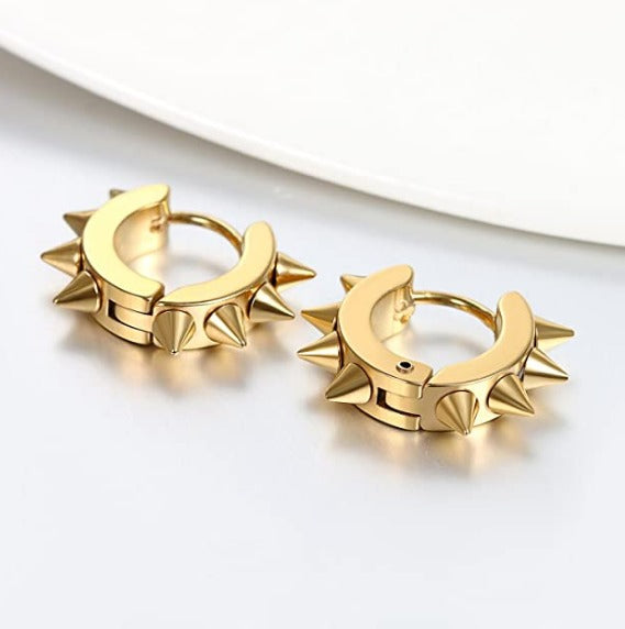 Stainless Steel Punk Gold Rivet Spike Huggie Cartilage Clicker Hoop Earrings