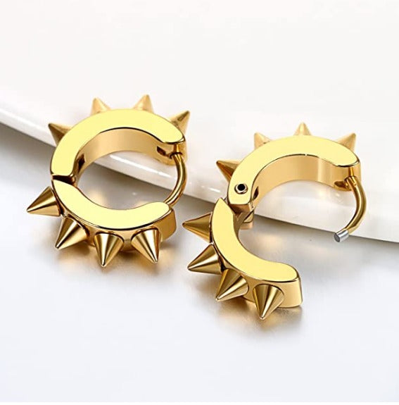 Stainless Steel Punk Gold Rivet Spike Huggie Cartilage Clicker Hoop Earrings