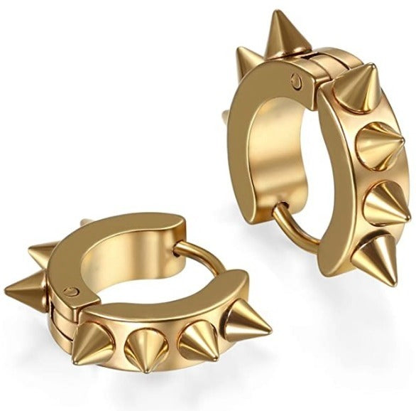 Stainless Steel Punk Gold Rivet Spike Huggie Cartilage Clicker Hoop Earrings