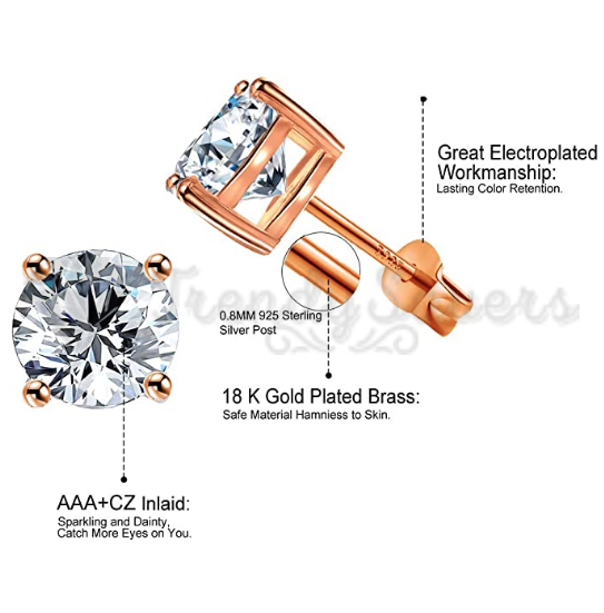 4MM Small Rose Gold Plated CZ Cubic Zirconia Crystal Ear Studs Piercing Earrings