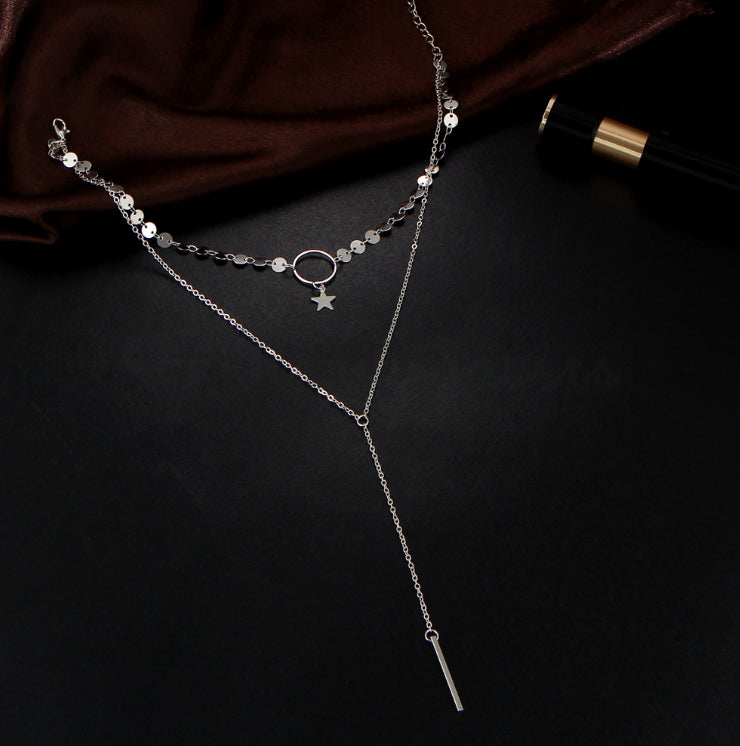 High Polished Silver Sequins Star Hanging Long Tassel Pendant Layered Necklace