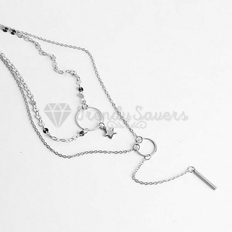 High Polished Silver Sequins Star Hanging Long Tassel Pendant Layered Necklace