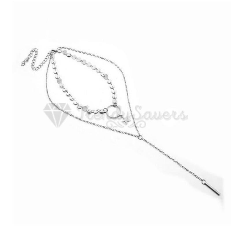 High Polished Silver Sequins Star Hanging Long Tassel Pendant Layered Necklace