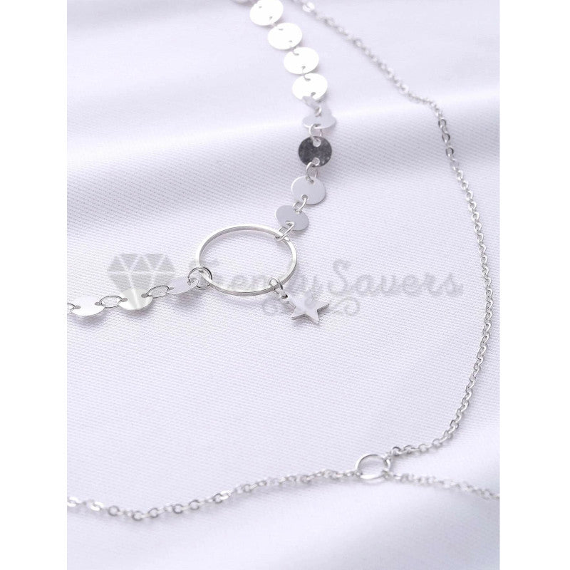 High Polished Silver Sequins Star Hanging Long Tassel Pendant Layered Necklace