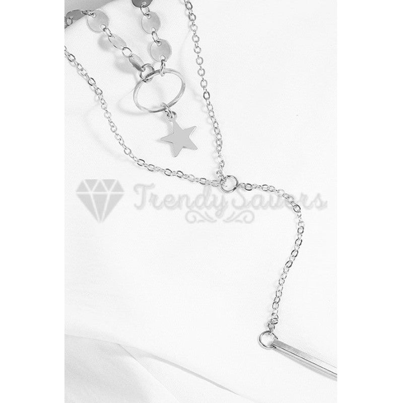 High Polished Silver Sequins Star Hanging Long Tassel Pendant Layered Necklace