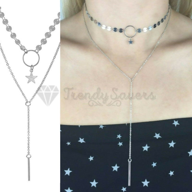 High Polished Silver Sequins Star Hanging Long Tassel Pendant Layered Necklace