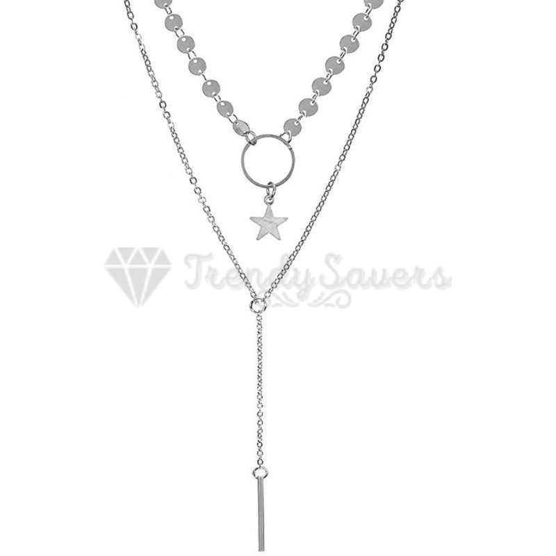High Polished Silver Sequins Star Hanging Long Tassel Pendant Layered Necklace
