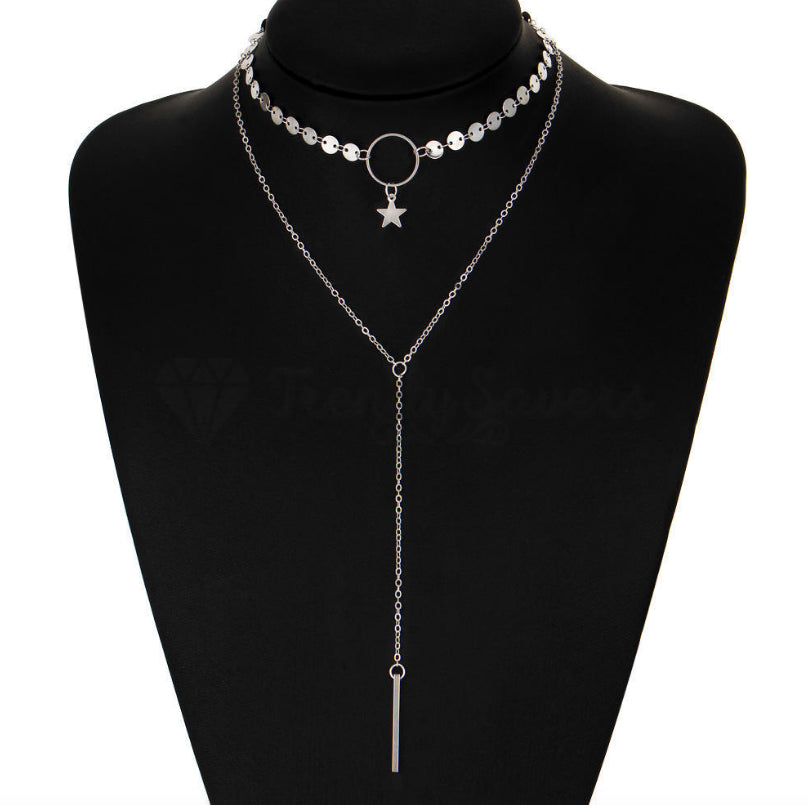 High Polished Silver Sequins Star Hanging Long Tassel Pendant Layered Necklace