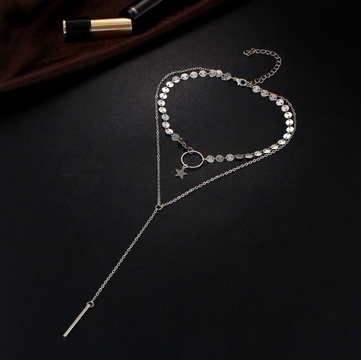 High Polished Silver Sequins Star Hanging Long Tassel Pendant Layered Necklace