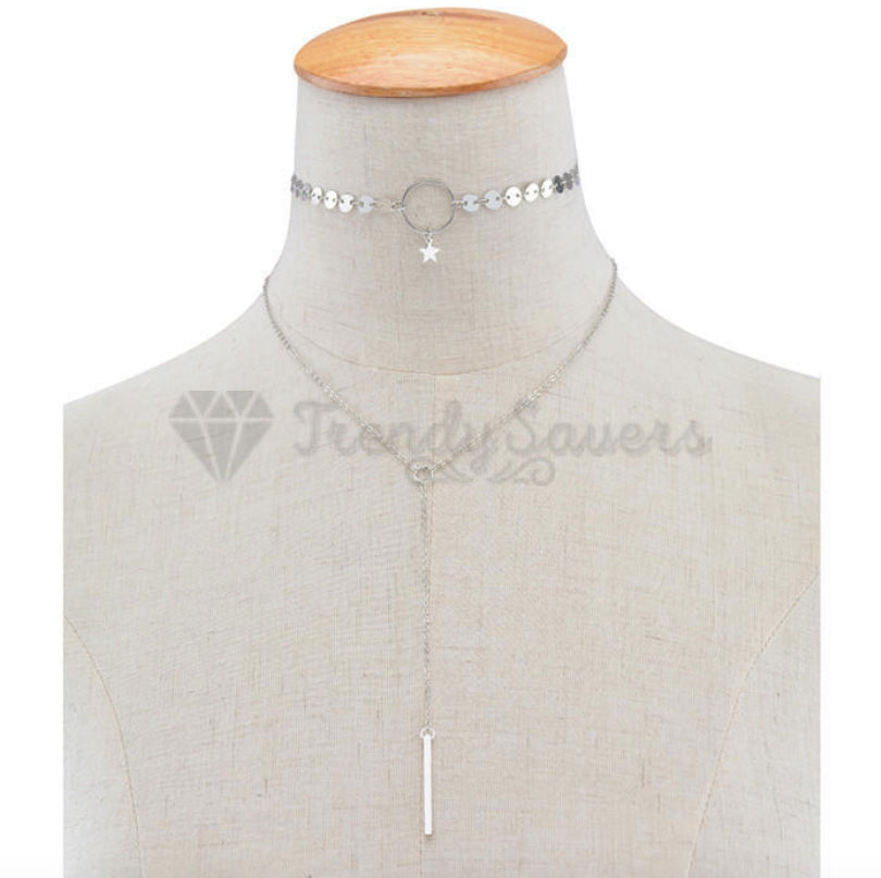 High Polished Silver Sequins Star Hanging Long Tassel Pendant Layered Necklace