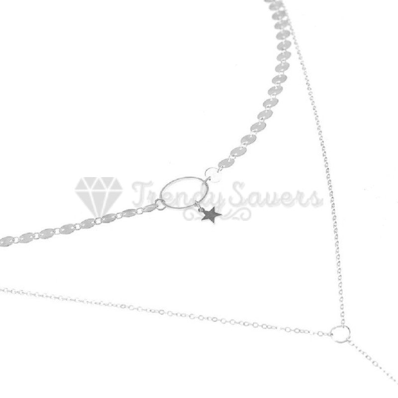 High Polished Silver Sequins Star Hanging Long Tassel Pendant Layered Necklace
