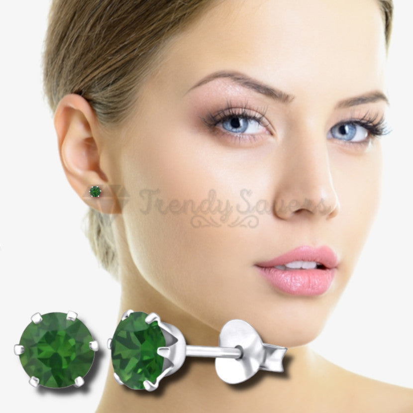 Round 4MM Green Cubic Zirconia Six Claws Stainless Steel Sleeper Stud Earrings