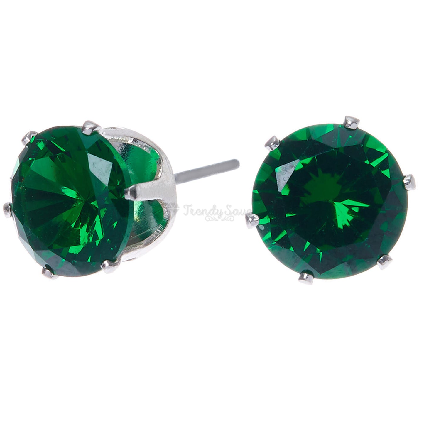 Round 4MM Green Cubic Zirconia Six Claws Stainless Steel Sleeper Stud Earrings