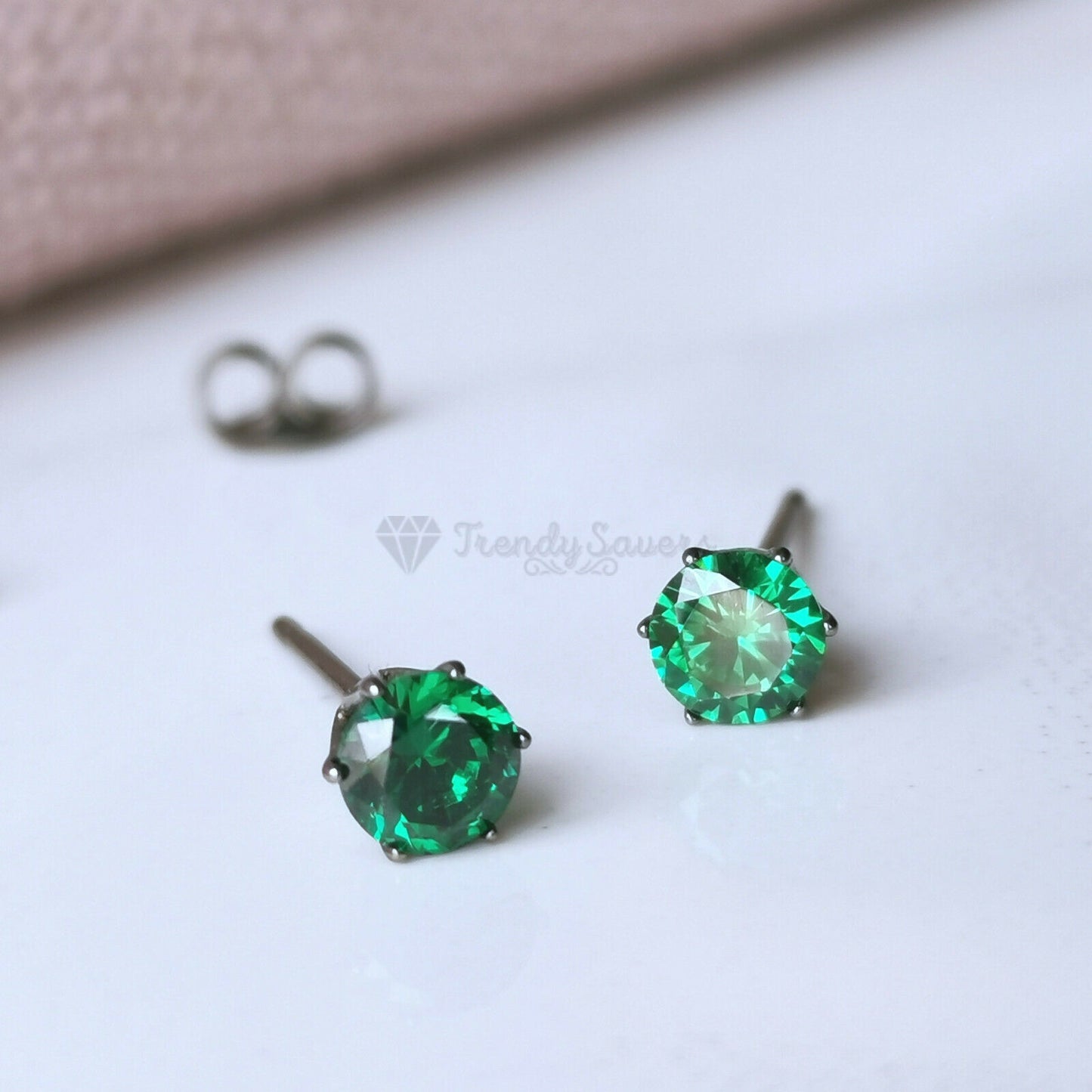 Round 4MM Green Cubic Zirconia Six Claws Stainless Steel Sleeper Stud Earrings