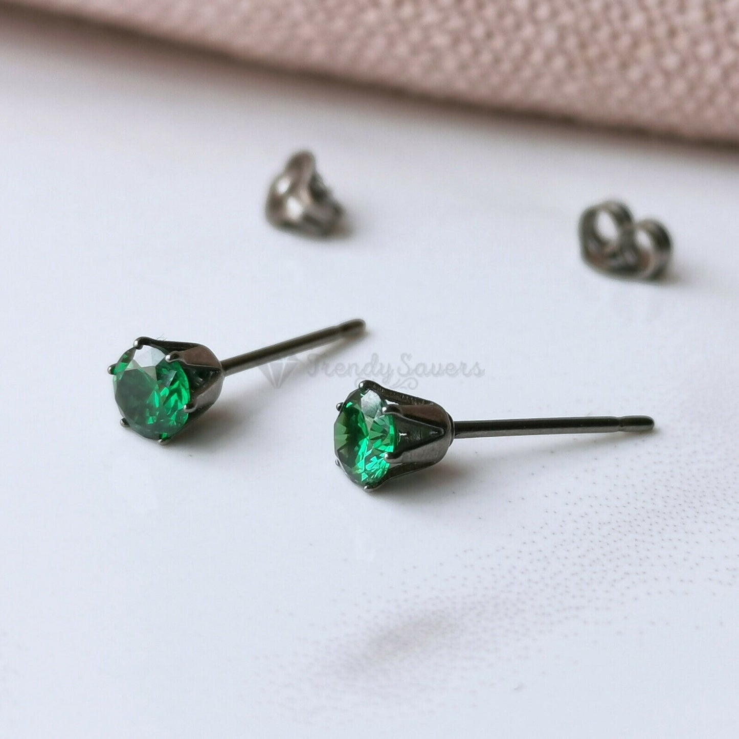 Round 4MM Green Cubic Zirconia Six Claws Stainless Steel Sleeper Stud Earrings