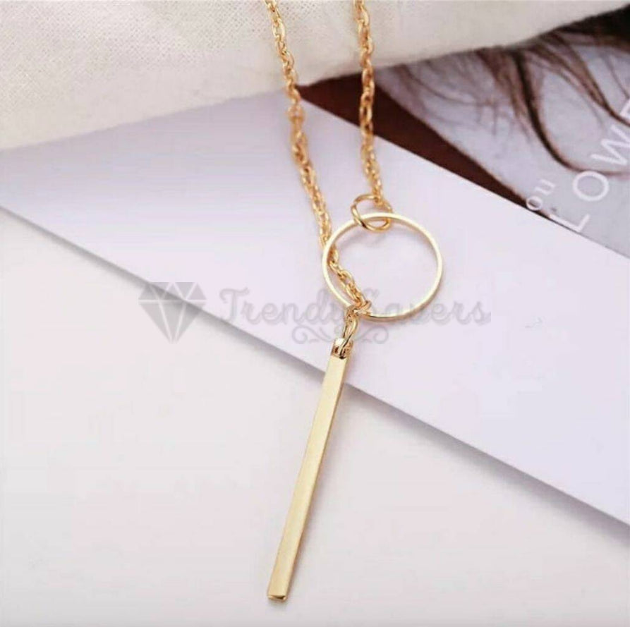 Ladies 18ct Gold Plated Circle Metal Pendant Vertical Bar Y Drop Lariat Necklace