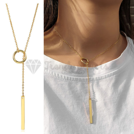 Ladies 18ct Gold Plated Circle Metal Pendant Vertical Bar Y Drop Lariat Necklace