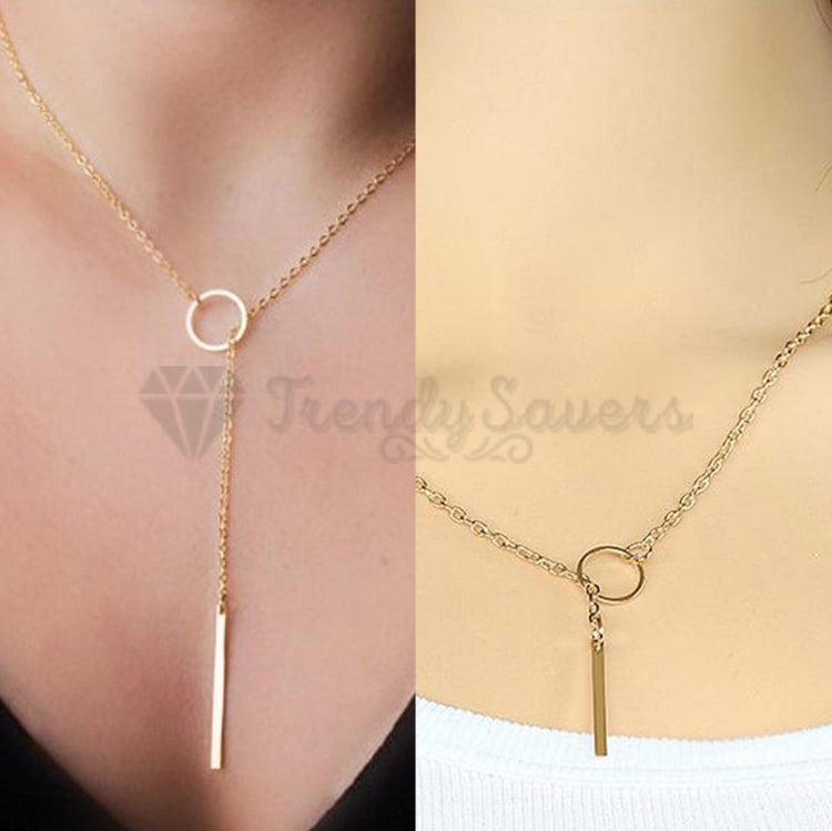 Ladies 18ct Gold Plated Circle Metal Pendant Vertical Bar Y Drop Lariat Necklace