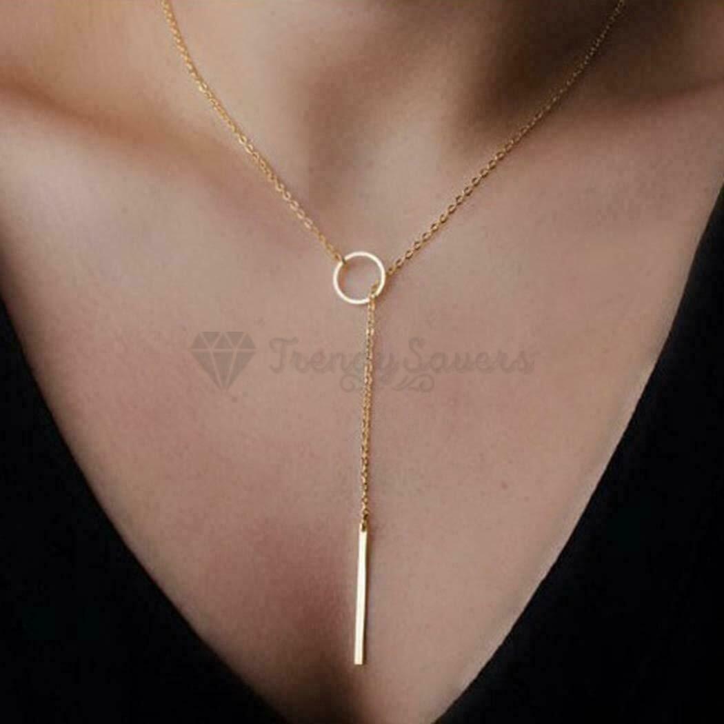 Ladies 18ct Gold Plated Circle Metal Pendant Vertical Bar Y Drop Lariat Necklace