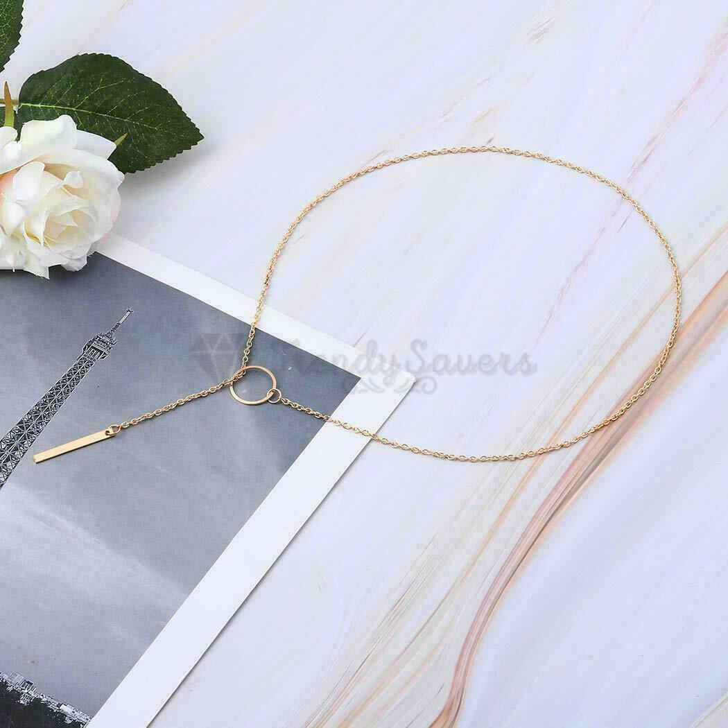 Ladies 18ct Gold Plated Circle Metal Pendant Vertical Bar Y Drop Lariat Necklace