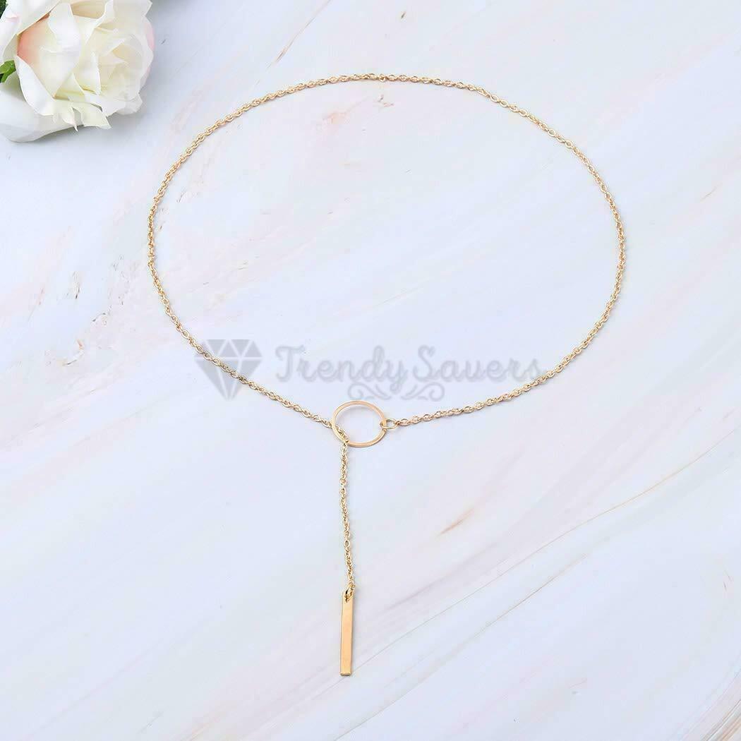 Ladies 18ct Gold Plated Circle Metal Pendant Vertical Bar Y Drop Lariat Necklace