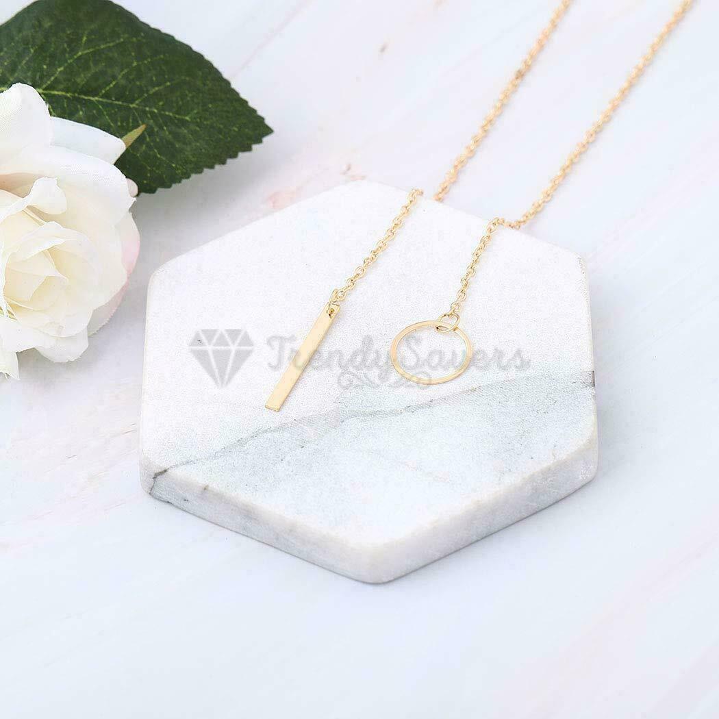 Ladies 18ct Gold Plated Circle Metal Pendant Vertical Bar Y Drop Lariat Necklace