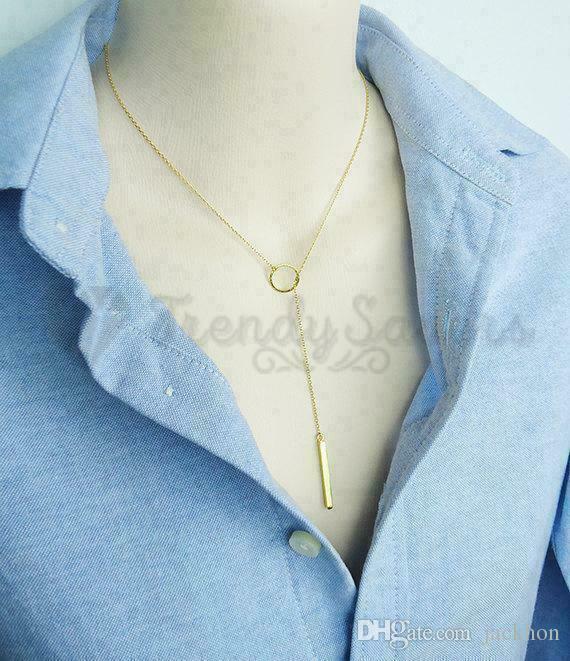 Ladies 18ct Gold Plated Circle Metal Pendant Vertical Bar Y Drop Lariat Necklace