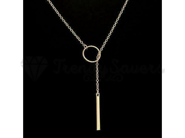 Ladies 18ct Gold Plated Circle Metal Pendant Vertical Bar Y Drop Lariat Necklace