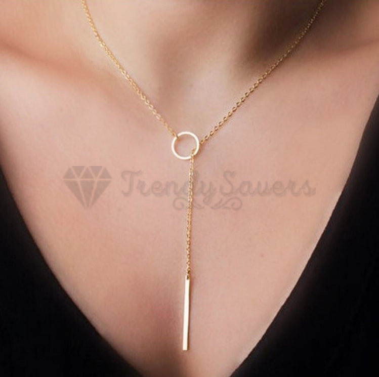 Ladies 18ct Gold Plated Circle Metal Pendant Vertical Bar Y Drop Lariat Necklace