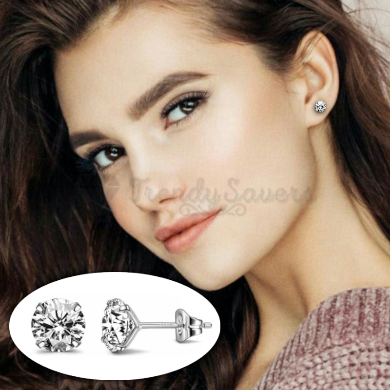 8MM Women Surgical Steel Silver Ear Stud Cubic Zircon Inlaid Solitaire Earrings