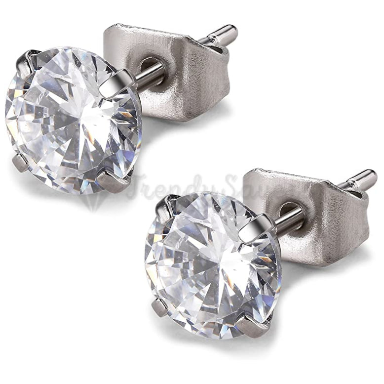8MM Women Surgical Steel Silver Ear Stud Cubic Zircon Inlaid Solitaire Earrings