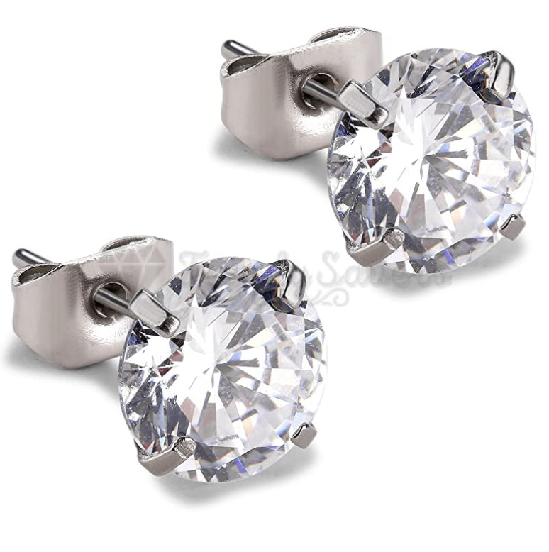 7MM Wide Rhinestone Princess Cut Silver Screw Back Stud Surgical Steel Earrings