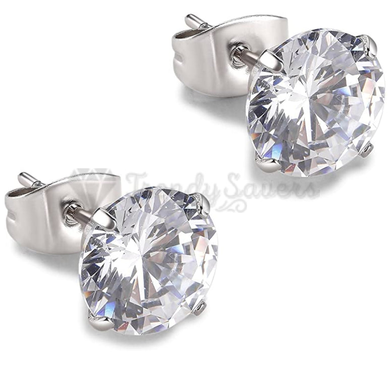 7MM Wide Rhinestone Princess Cut Silver Screw Back Stud Surgical Steel Earrings